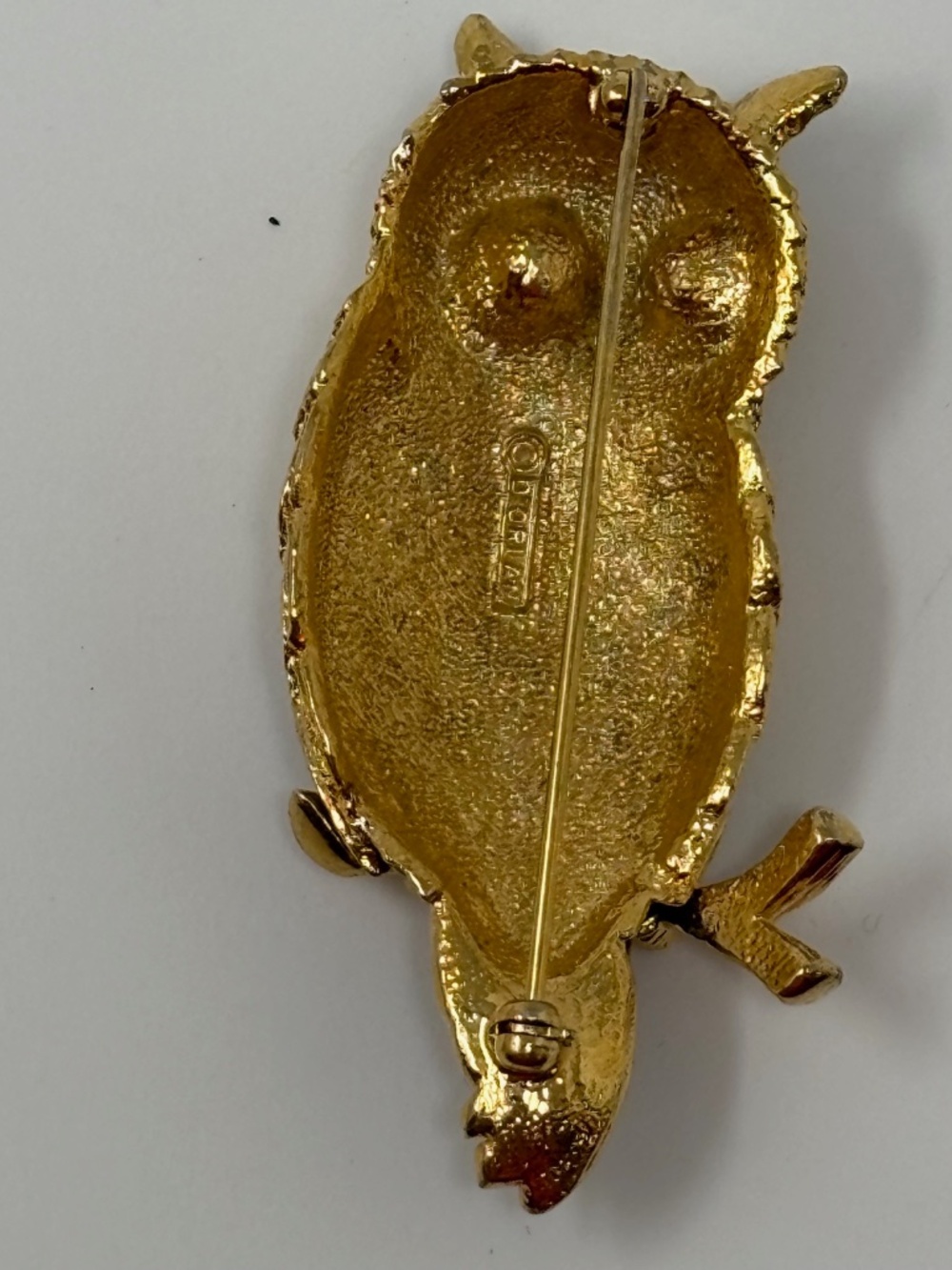 D'orlan Vintage Owl on Branch Brooch Pin Gold Plated Green Enamel with Crystals - Picture 6 of 7